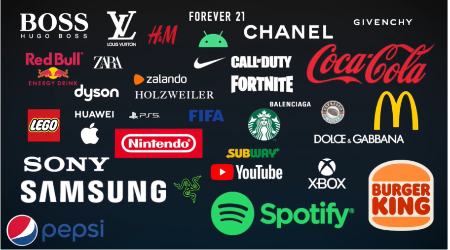 Illustrasjonen viser mange ulike logoer til kjente merkevarer, blant annet Burger King, Spotify og Coca-Cola.