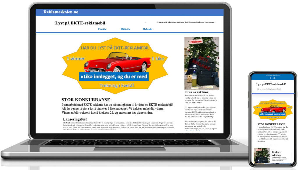 Bilde viser en pc-skjerm  med bilde av en bil hvor det står "Har du lyst på EKTE-reklamebil?" og videre ""Lik" innlegget, og du er med"  