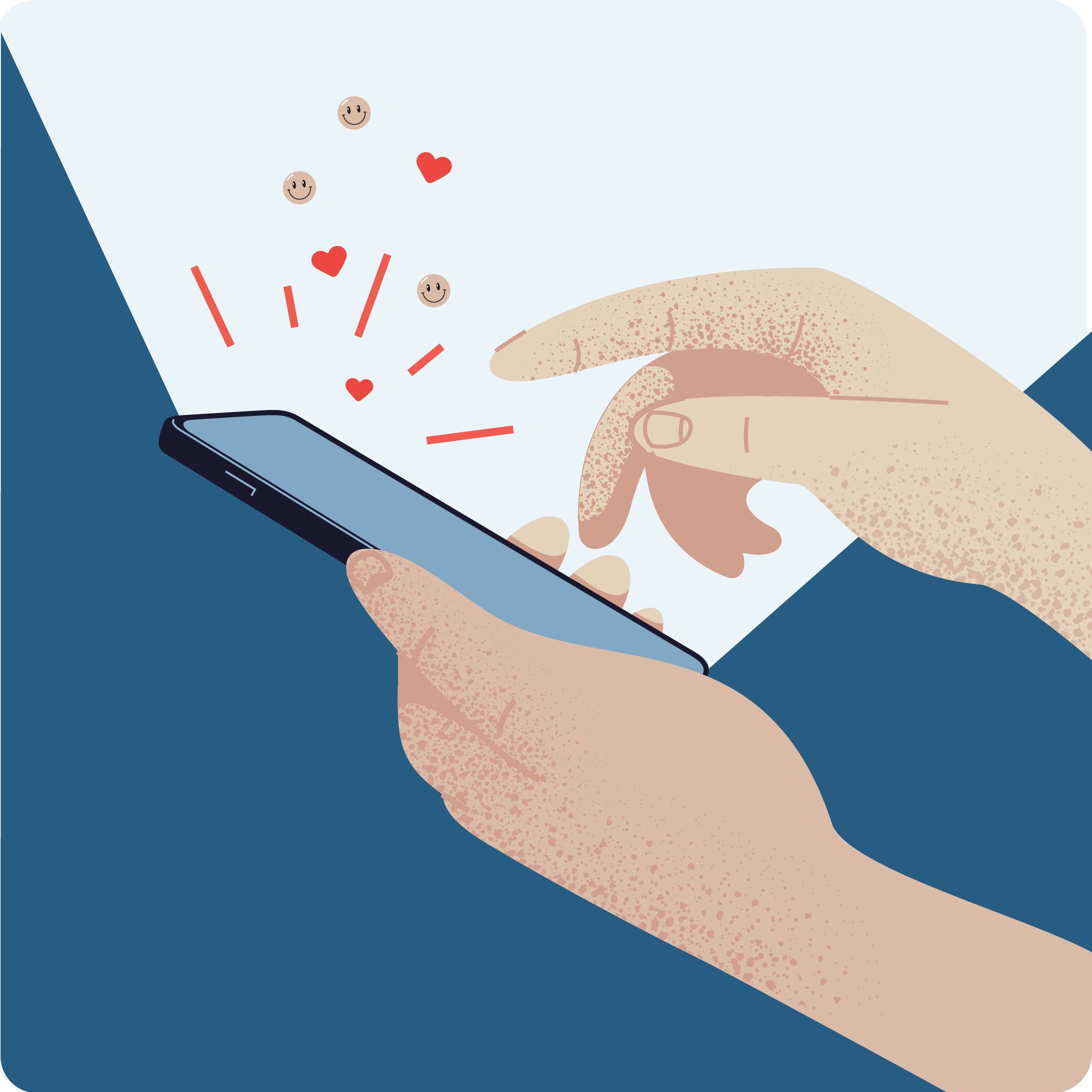 Illustrasjon av to hender som holder en mobiltelefon. Det strømmer et sterkt lys ut fra skjermen, sammen med en masse hjerter og stjerner.
